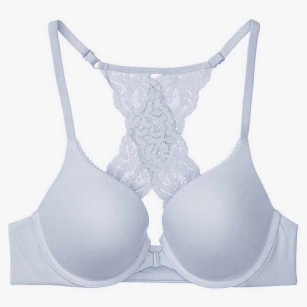 Victoria's Secret Bra Push Up Padded Comfy Front Close Lace Racer Gray Blue 32C